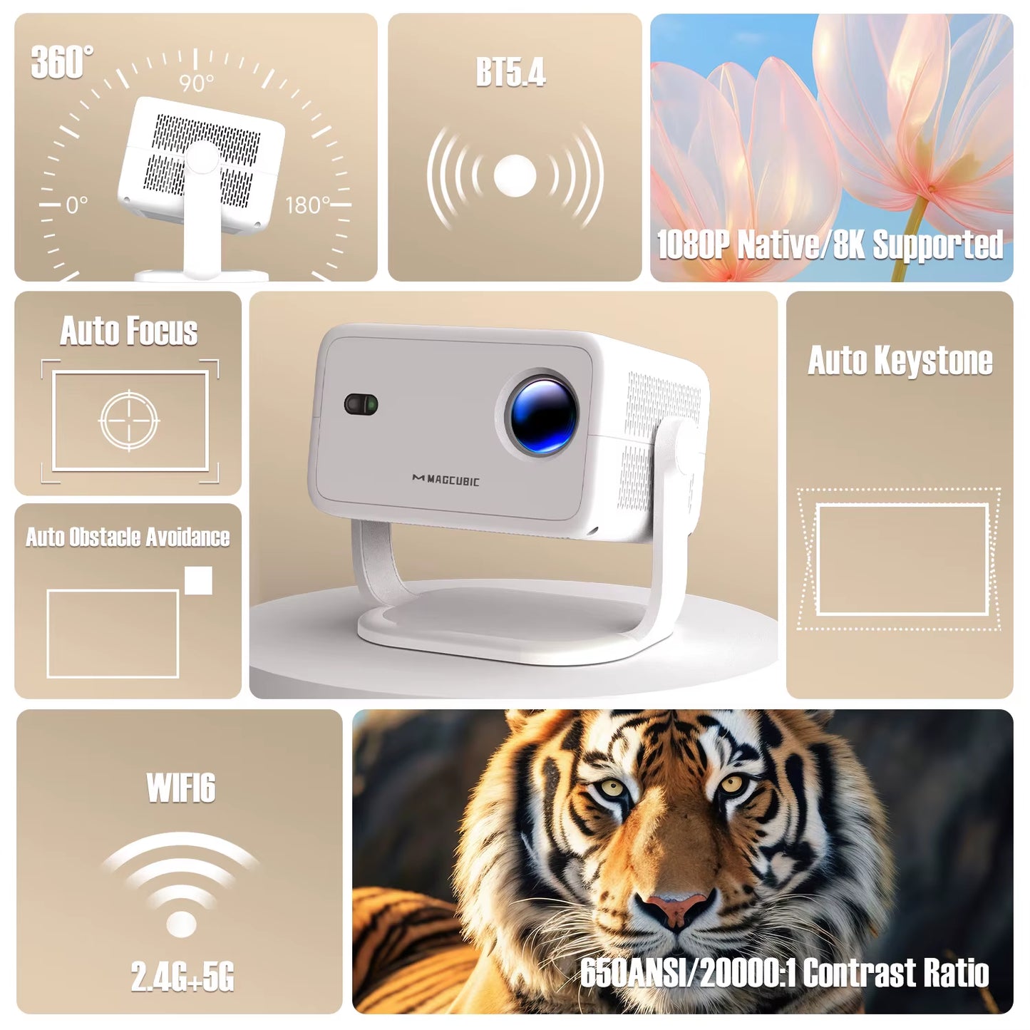 Native 1080P 650ANSI 8K Android Projector - 360° Portable Outdoor with Auto Keystone Focus, Air Mouse, Wifi6 & BT5.4