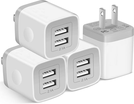 4-Pack USB Wall Charger with Dual Ports - 2.1A Power Adapter for iPhone, Galaxy, Android & More!